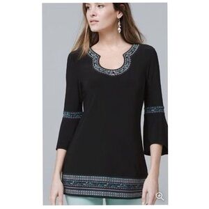 White House Black Market WHBM Petite Bell Sleeve Matte Jersey Embroidered
